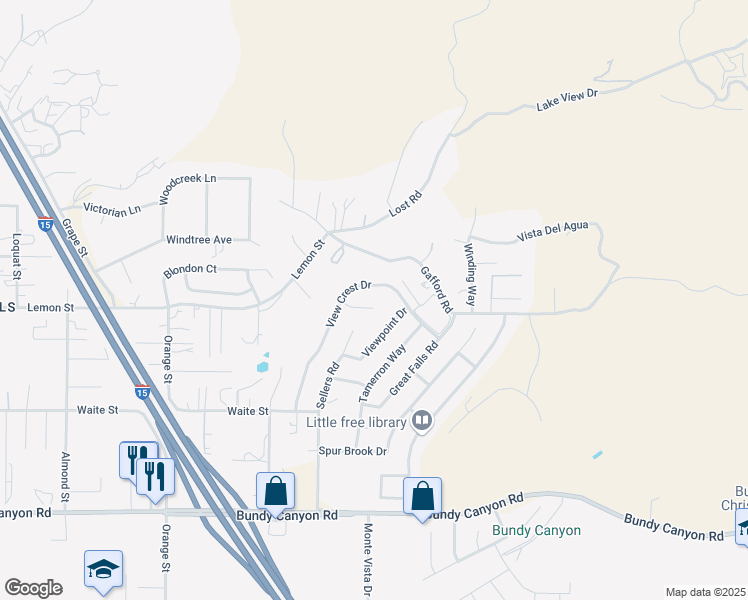 map of restaurants, bars, coffee shops, grocery stores, and more near 22420 Shore View Court in Wildomar