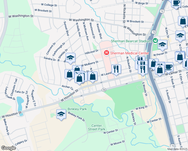 map of restaurants, bars, coffee shops, grocery stores, and more near 1315 West Laurel Street in Sherman