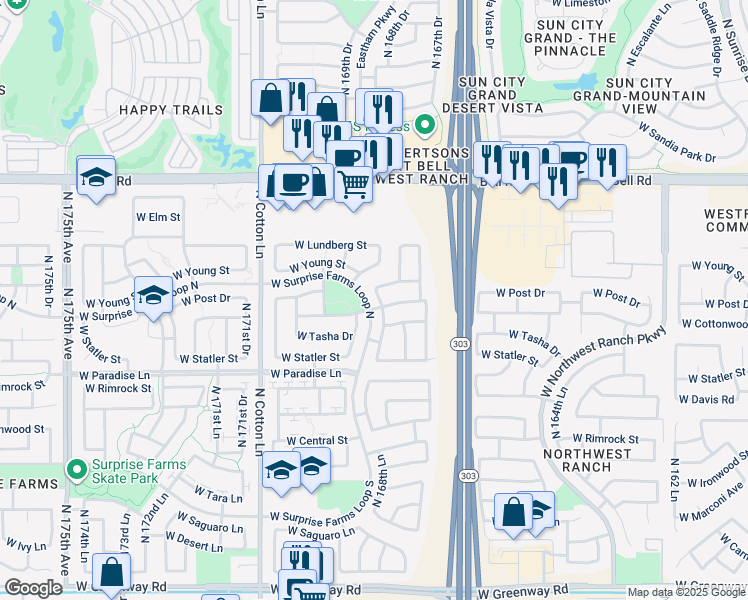 map of restaurants, bars, coffee shops, grocery stores, and more near 16514 North 168th Lane in Surprise