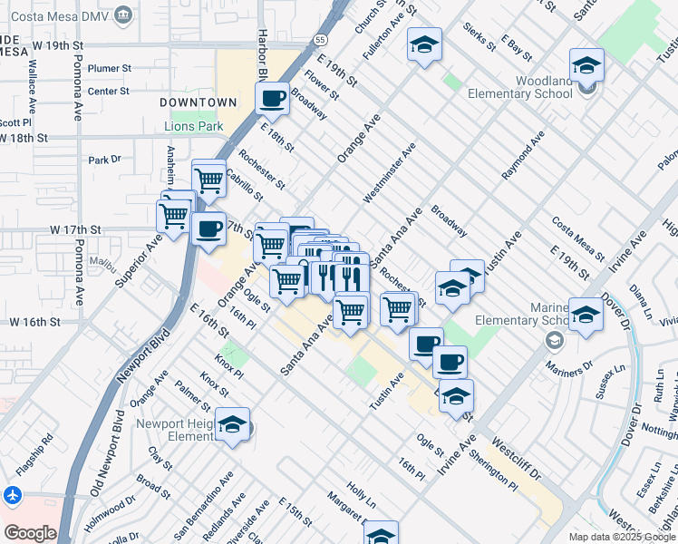 map of restaurants, bars, coffee shops, grocery stores, and more near 275 Cabrillo Street in Costa Mesa