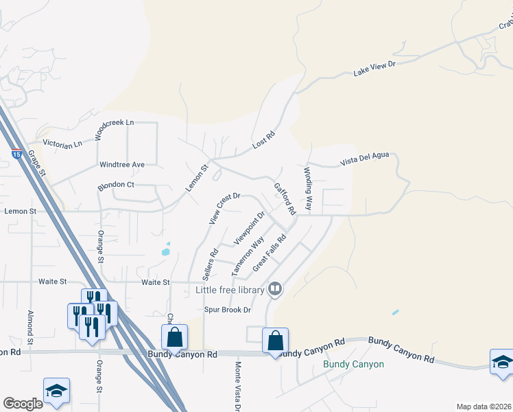 map of restaurants, bars, coffee shops, grocery stores, and more near 33374 View Crest Drive in Wildomar
