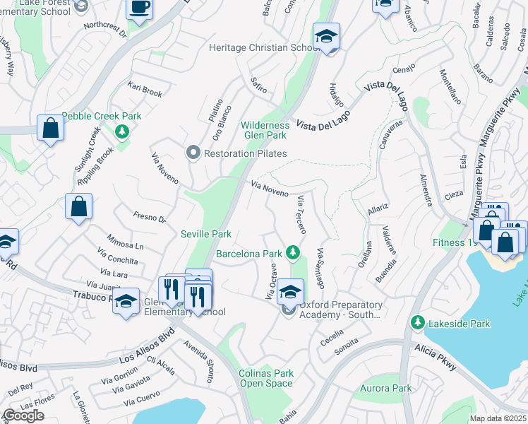 map of restaurants, bars, coffee shops, grocery stores, and more near 22591 Via Santa Maria in Mission Viejo