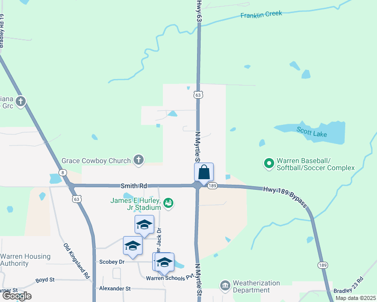 map of restaurants, bars, coffee shops, grocery stores, and more near 1237 Myrtle Street in Warren