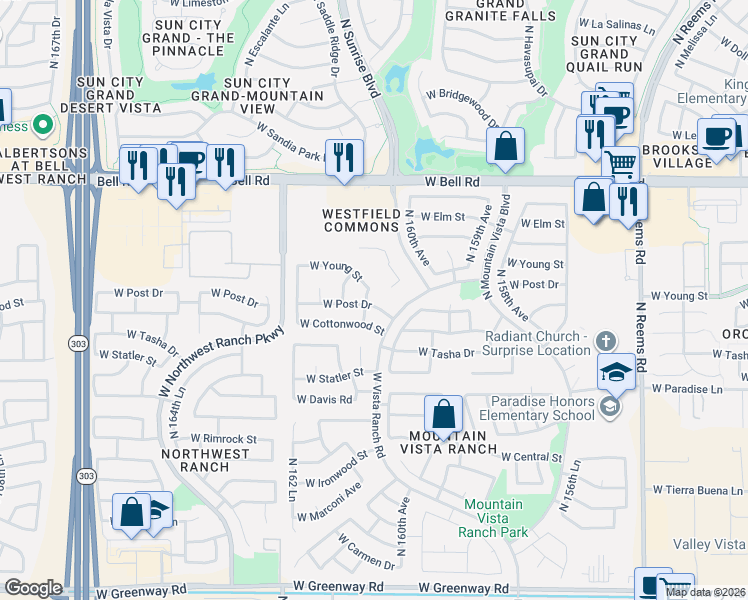 map of restaurants, bars, coffee shops, grocery stores, and more near 16116 West Post Drive in Surprise