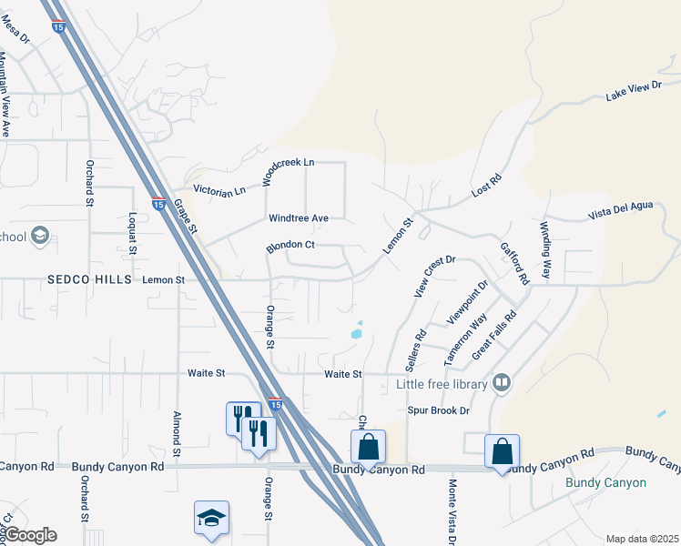 map of restaurants, bars, coffee shops, grocery stores, and more near 22189 Country Hills Drive in Wildomar