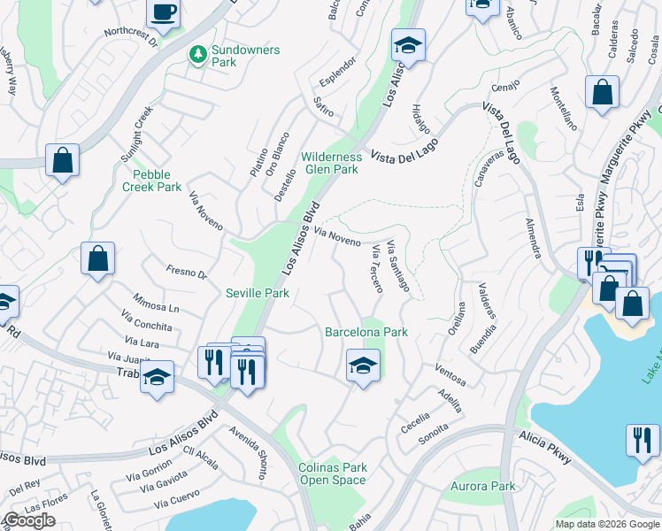 map of restaurants, bars, coffee shops, grocery stores, and more near 22591 Vía Santa Maria in Mission Viejo