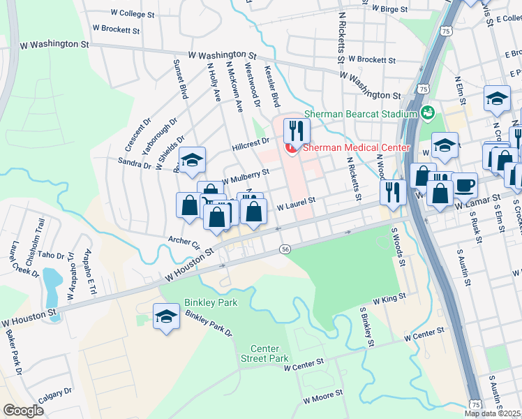 map of restaurants, bars, coffee shops, grocery stores, and more near 1315 West Laurel Street in Sherman