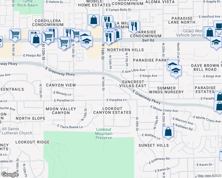 map of restaurants, bars, coffee shops, grocery stores, and more near 16237 North 16th Place in Phoenix