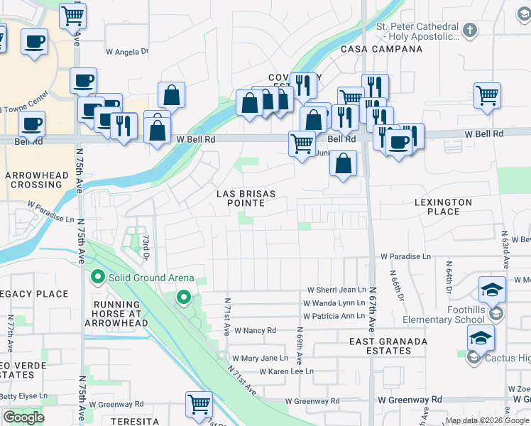 map of restaurants, bars, coffee shops, grocery stores, and more near 6982 West Kings Avenue in Peoria