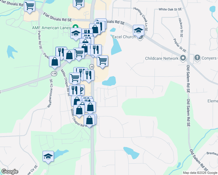 map of restaurants, bars, coffee shops, grocery stores, and more near 1273 Saxony Drive Southeast in Conyers