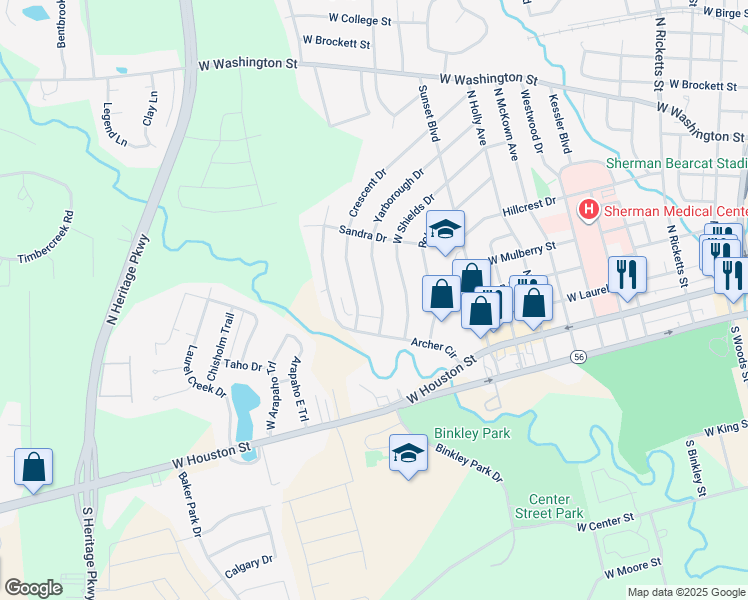 map of restaurants, bars, coffee shops, grocery stores, and more near 1810 Yarborough Drive in Sherman
