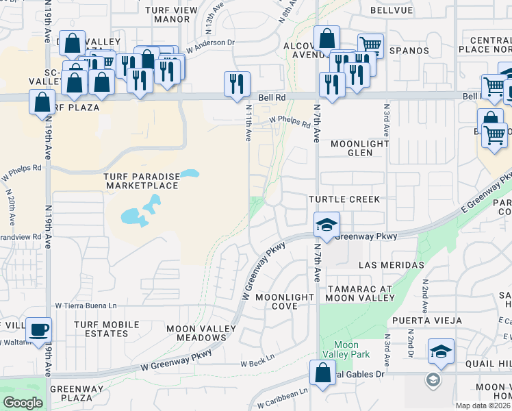 map of restaurants, bars, coffee shops, grocery stores, and more near 16406 North 10th Avenue in Phoenix