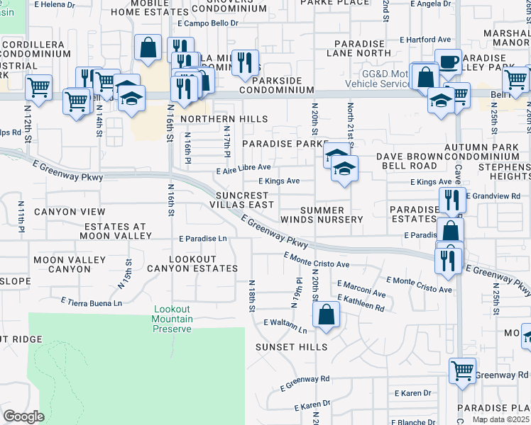 map of restaurants, bars, coffee shops, grocery stores, and more near 1832 East Sandra Terrace in Phoenix