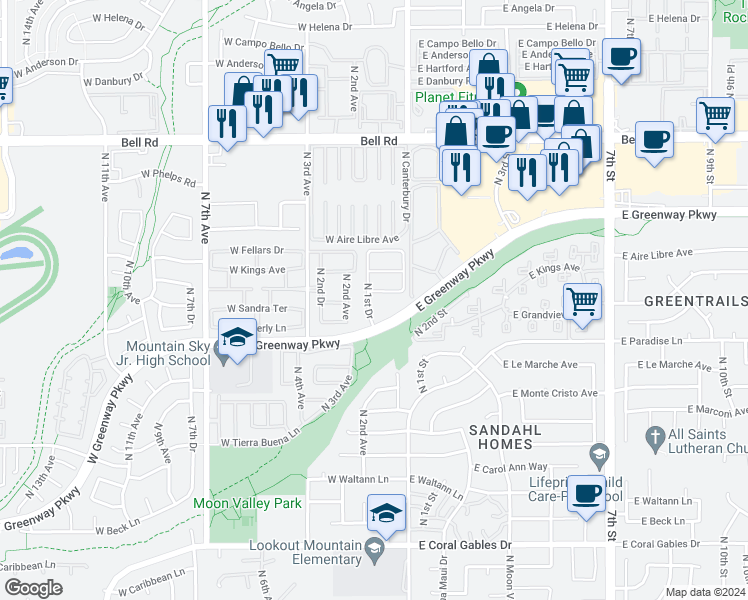 map of restaurants, bars, coffee shops, grocery stores, and more near 16225 North 1st Drive in Phoenix