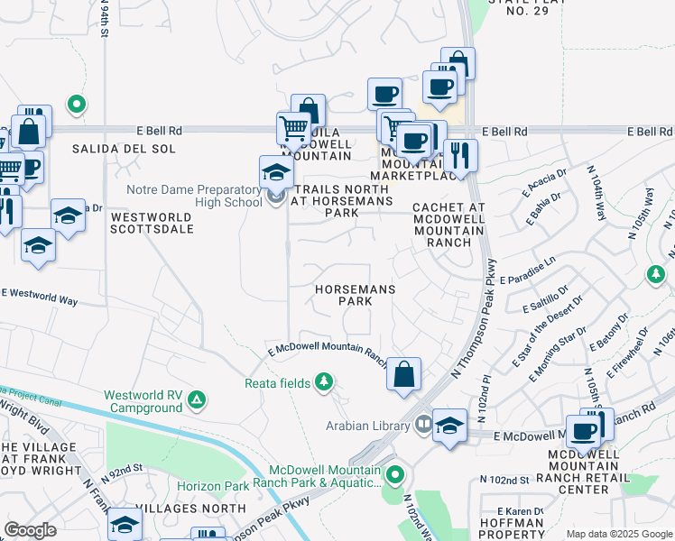 map of restaurants, bars, coffee shops, grocery stores, and more near 9879 East Rosemary Lane in Scottsdale