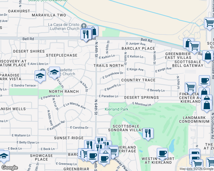 map of restaurants, bars, coffee shops, grocery stores, and more near 6413 East Sandra Terrace in Scottsdale