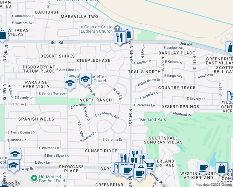 map of restaurants, bars, coffee shops, grocery stores, and more near 16234 North 63rd Street in Scottsdale