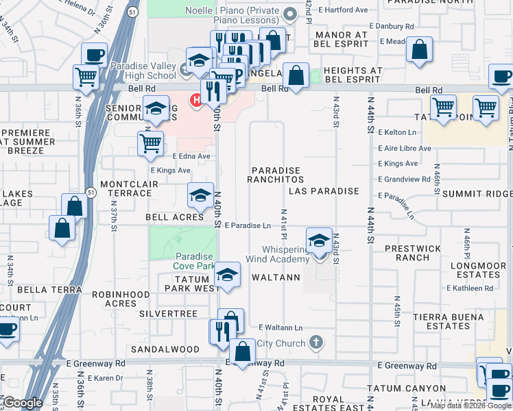 map of restaurants, bars, coffee shops, grocery stores, and more near 16220 North 41st Place in Phoenix