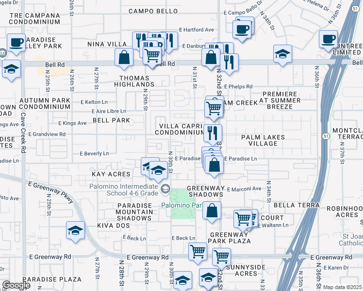 map of restaurants, bars, coffee shops, grocery stores, and more near 3050 Scully Drive in Phoenix