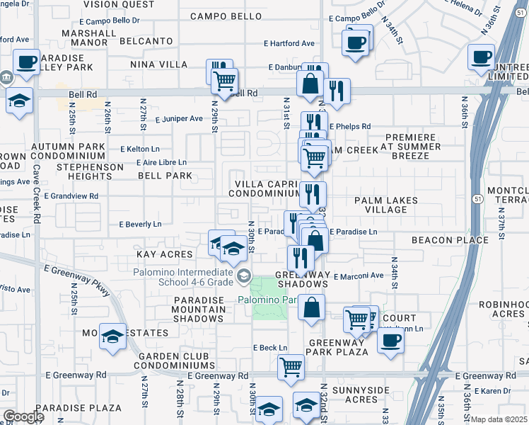 map of restaurants, bars, coffee shops, grocery stores, and more near 3050 Scully Drive in Phoenix