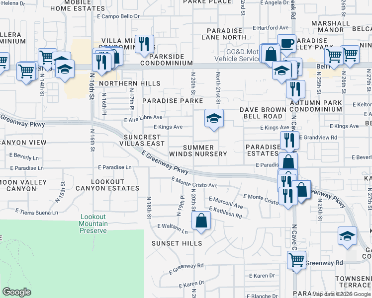 map of restaurants, bars, coffee shops, grocery stores, and more near 1953 East Grandview Road in Phoenix