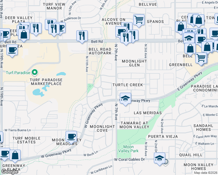 map of restaurants, bars, coffee shops, grocery stores, and more near 746 West Sandra Terrace in Phoenix