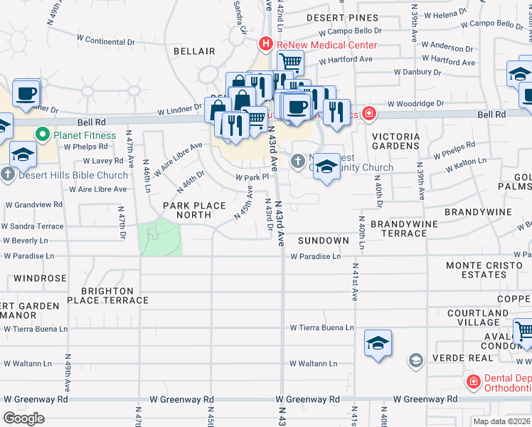 map of restaurants, bars, coffee shops, grocery stores, and more near 16416 North 43rd Drive in Glendale