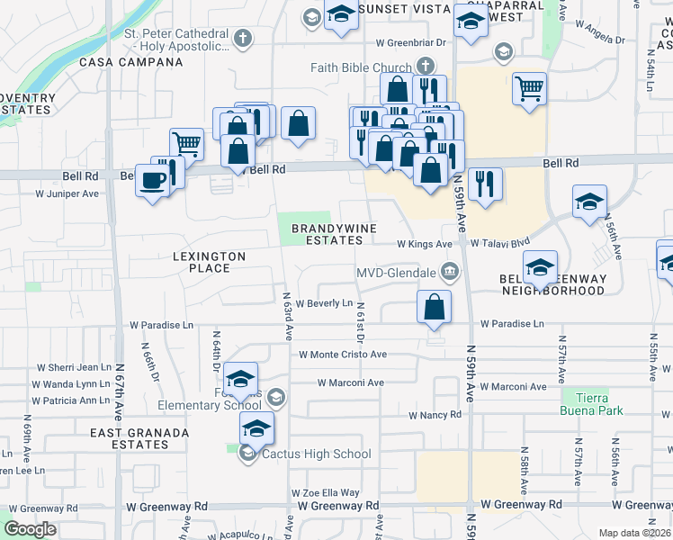 map of restaurants, bars, coffee shops, grocery stores, and more near 6213 West Grandview Road in Glendale