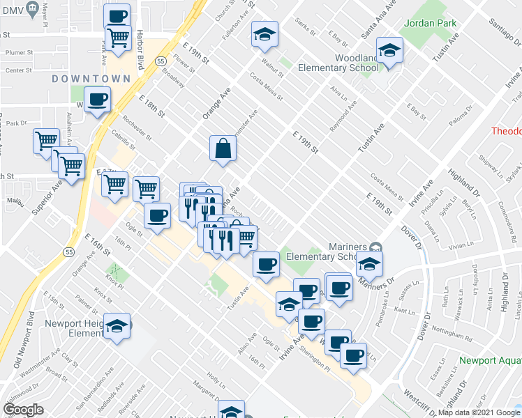 map of restaurants, bars, coffee shops, grocery stores, and more near 337 East 18th Street in Costa Mesa