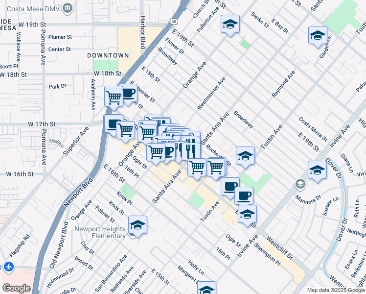 map of restaurants, bars, coffee shops, grocery stores, and more near 283 Cabrillo Street in Costa Mesa