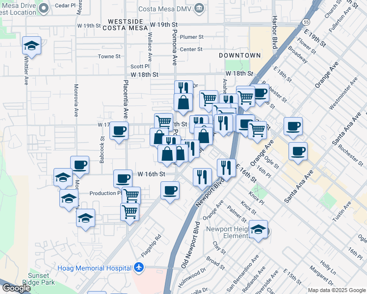 map of restaurants, bars, coffee shops, grocery stores, and more near 622 Cardiff Reef in Costa Mesa