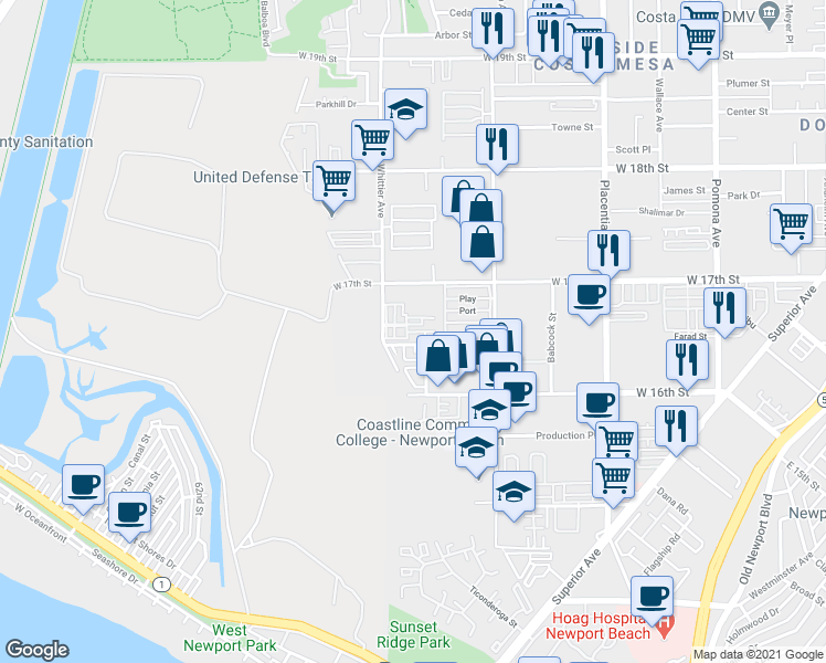 map of restaurants, bars, coffee shops, grocery stores, and more near 1044 Hampton Drive in Costa Mesa