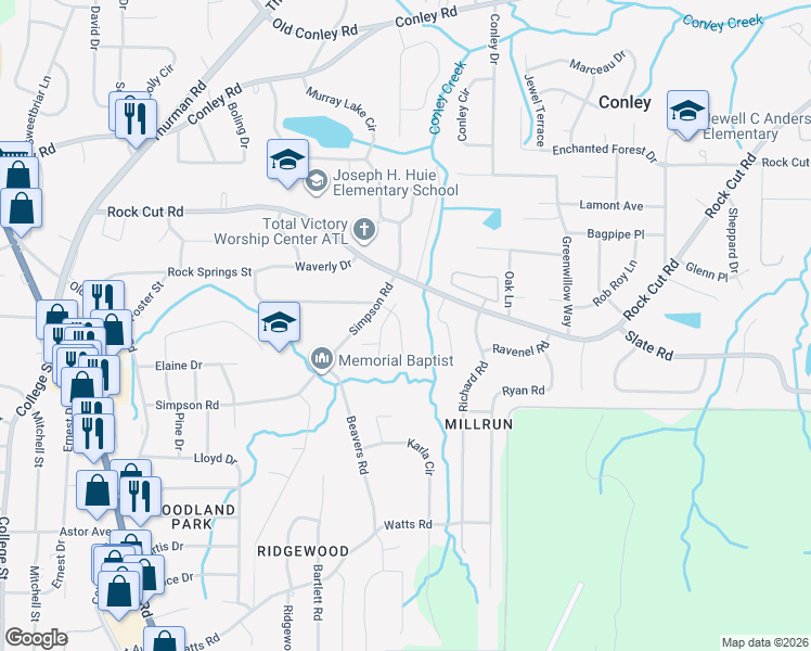 map of restaurants, bars, coffee shops, grocery stores, and more near 4390 Rock Valley Drive in Forest Park