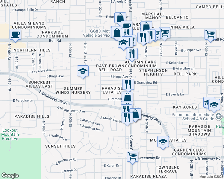 map of restaurants, bars, coffee shops, grocery stores, and more near 2238 East Beverly Lane in Phoenix