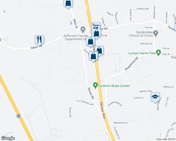 map of restaurants, bars, coffee shops, grocery stores, and more near 344 Jamestown Manor Drive in Gardendale