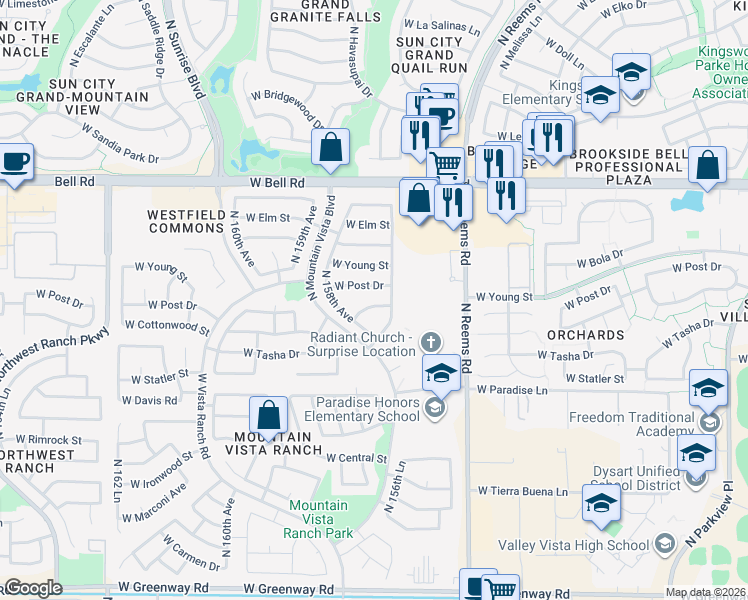 map of restaurants, bars, coffee shops, grocery stores, and more near 15718 West Cottonwood Street in Surprise