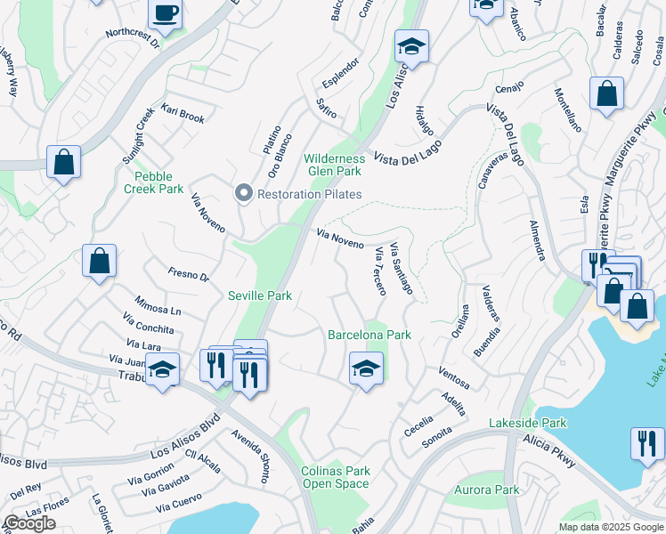 map of restaurants, bars, coffee shops, grocery stores, and more near 22591 Via Santa Maria in Mission Viejo