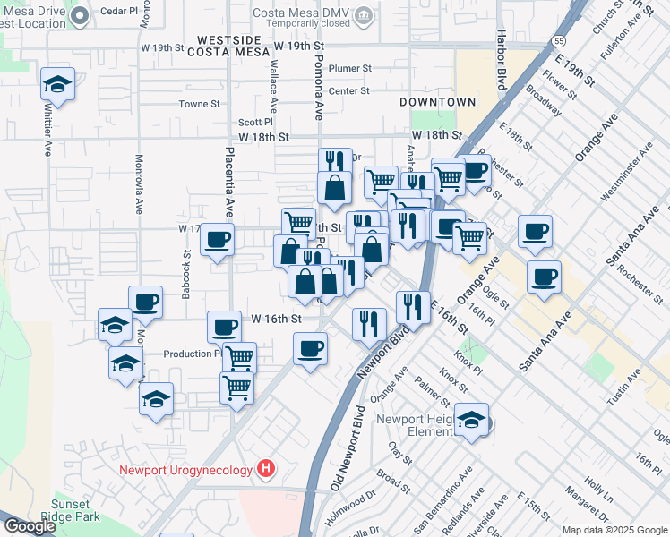 map of restaurants, bars, coffee shops, grocery stores, and more near 637 Cardiff Reef in Costa Mesa