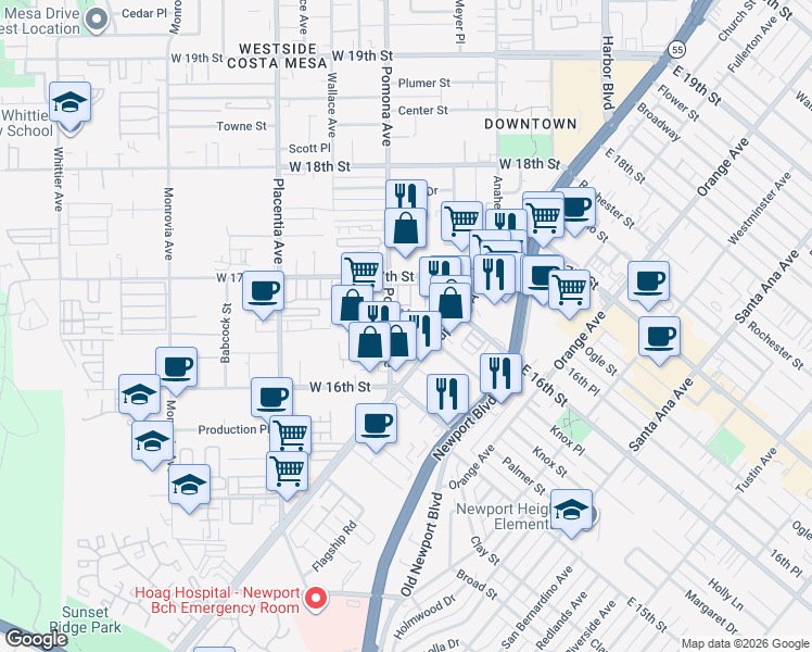 map of restaurants, bars, coffee shops, grocery stores, and more near 622 Cardiff Reef in Costa Mesa