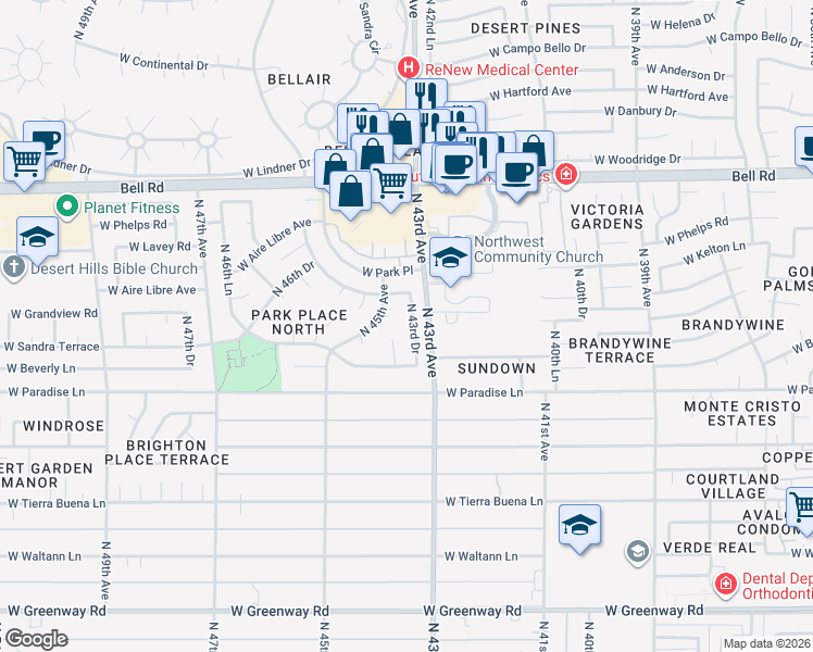 map of restaurants, bars, coffee shops, grocery stores, and more near 16416 North 43rd Drive in Glendale
