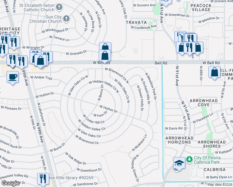 map of restaurants, bars, coffee shops, grocery stores, and more near 9402 West Cedar Hill Circle North in Sun City