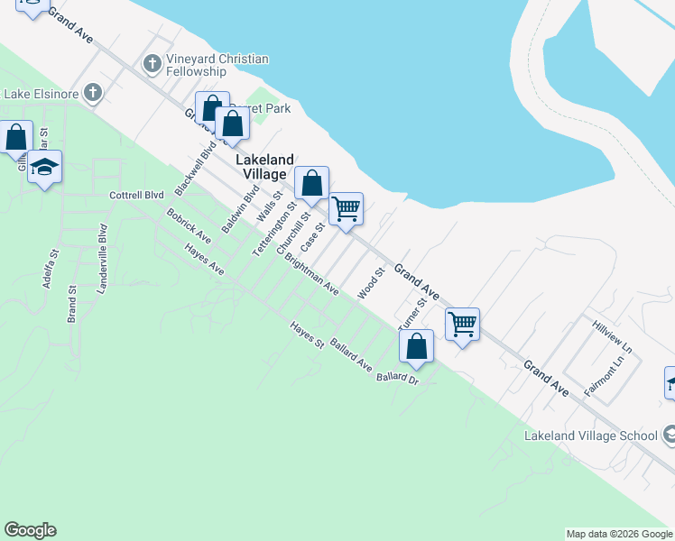 map of restaurants, bars, coffee shops, grocery stores, and more near 33108 Lorimer Street in Lake Elsinore