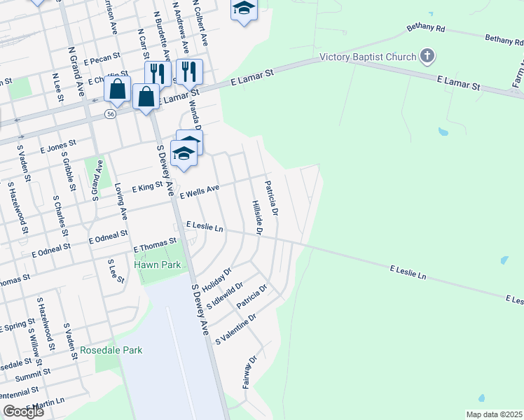 map of restaurants, bars, coffee shops, grocery stores, and more near 731 Hillside Drive in Sherman