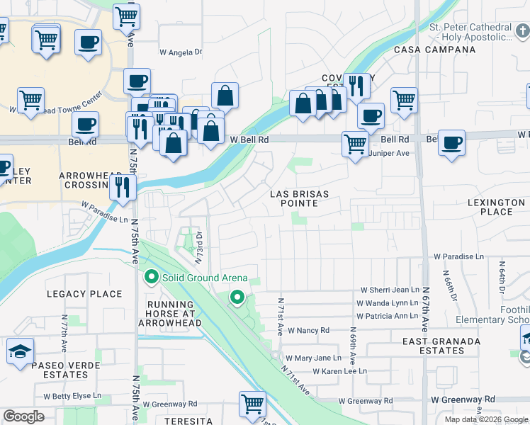 map of restaurants, bars, coffee shops, grocery stores, and more near 7136 West Kings Avenue in Peoria