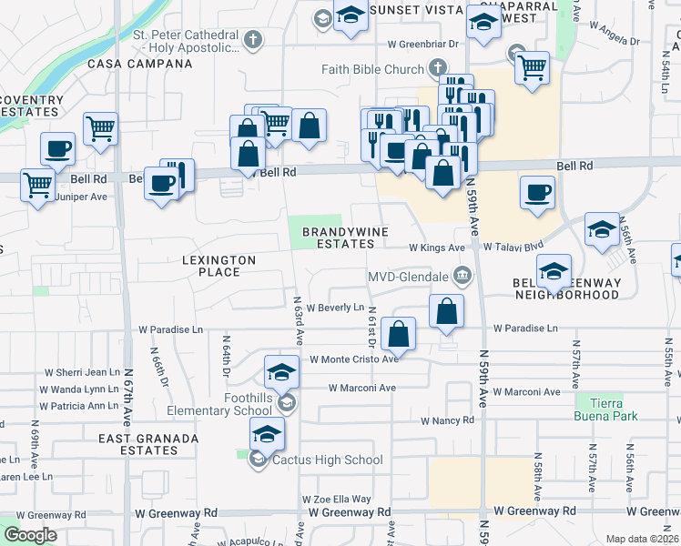 map of restaurants, bars, coffee shops, grocery stores, and more near 6213 West Grandview Road in Glendale