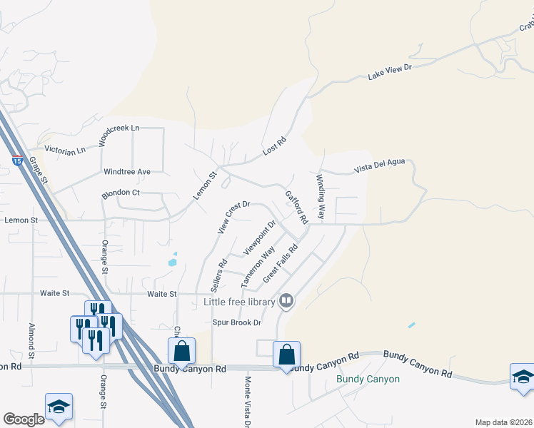 map of restaurants, bars, coffee shops, grocery stores, and more near 33374 View Crest Drive in Wildomar