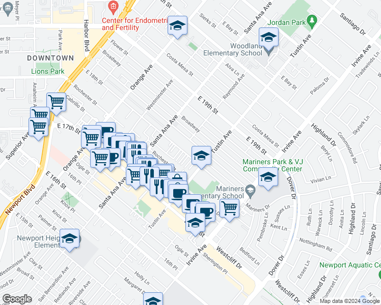map of restaurants, bars, coffee shops, grocery stores, and more near 368 East 18th Street in Costa Mesa