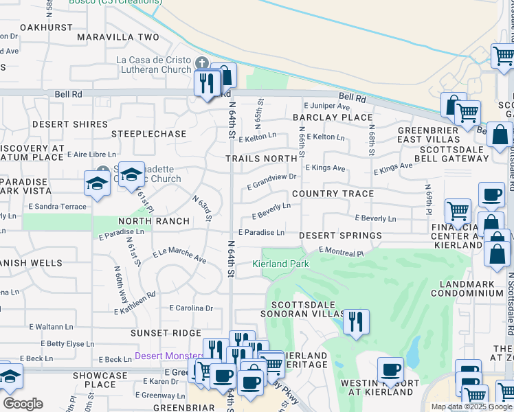 map of restaurants, bars, coffee shops, grocery stores, and more near 6413 East Sandra Terrace in Scottsdale