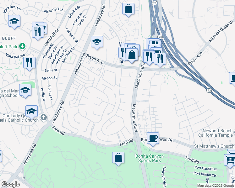map of restaurants, bars, coffee shops, grocery stores, and more near 32 Gleneagles Drive in Newport Beach