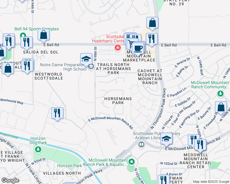 map of restaurants, bars, coffee shops, grocery stores, and more near 9879 East Rosemary Lane in Scottsdale
